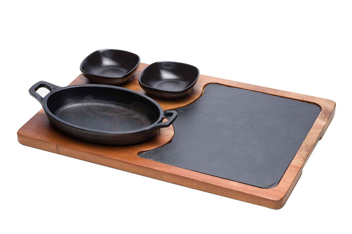 Grillpfanne Set mit Holzplatte + Schälchen 385x250x15mmh